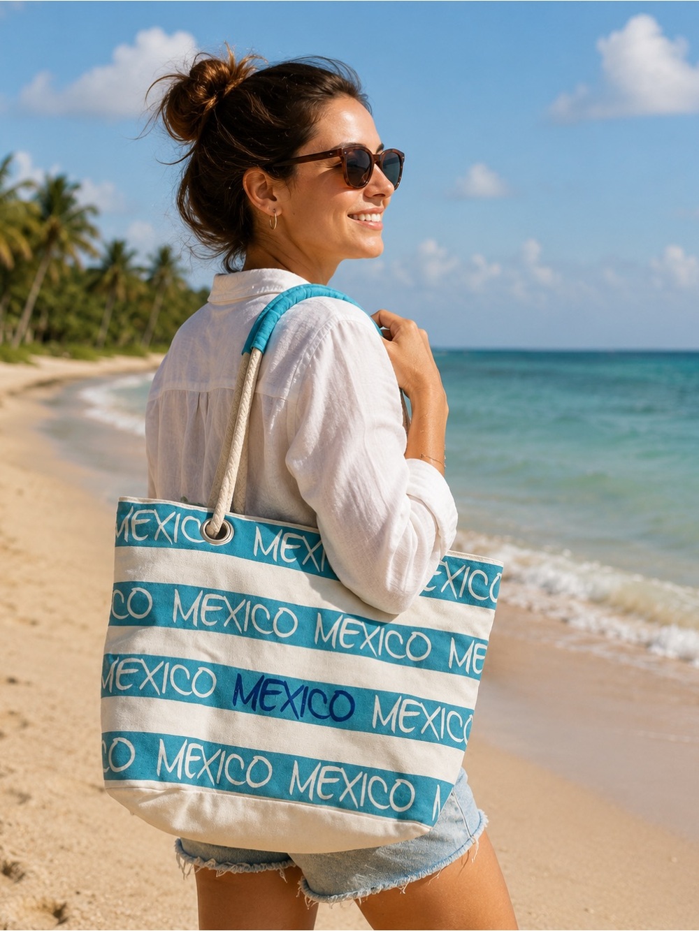 Mexico Stripe Canvas Tote Bag in Teal and White